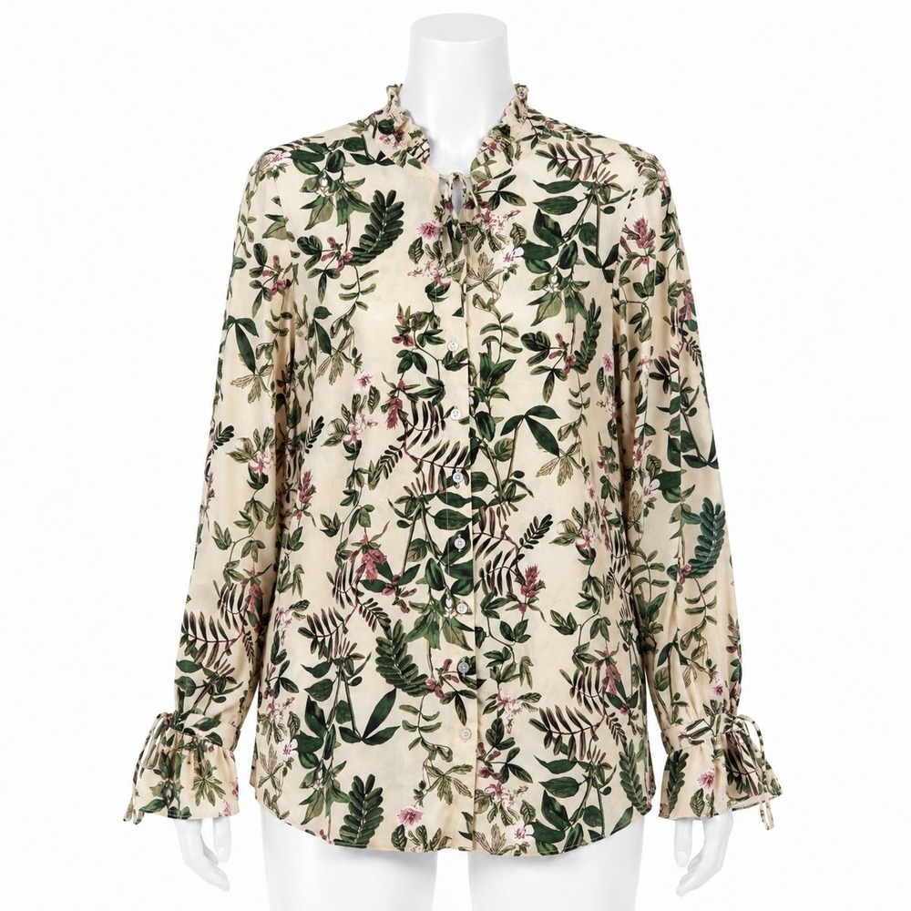 RW&CO Botanical Floral Blouse Ruffle Mock Neck Womens M Long Sleeve Cream Top